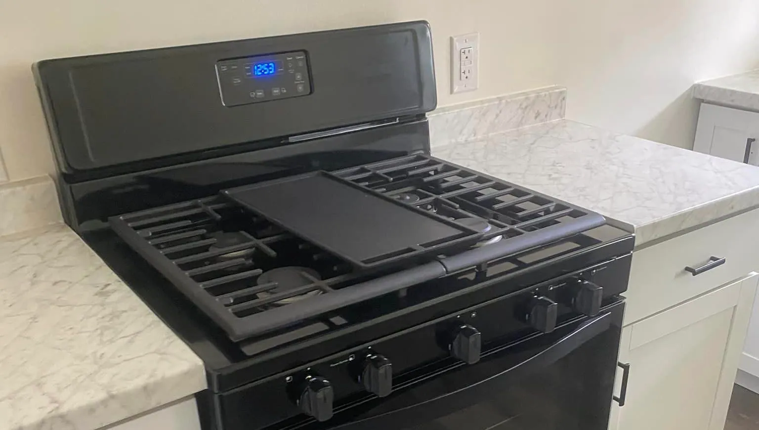 A clean kitchen range and countertop